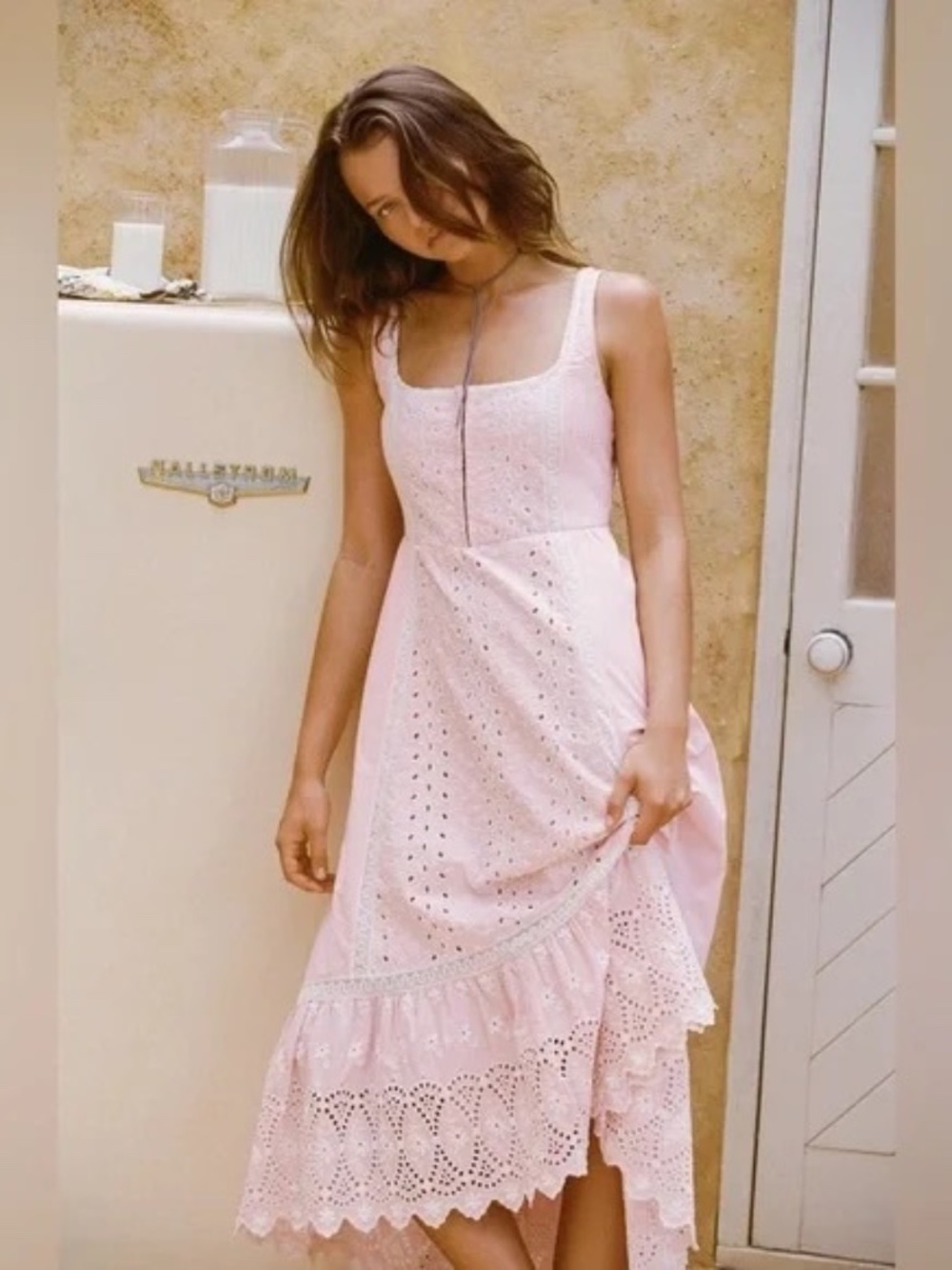 LoveShackFancy Pink Eyelet Lace Maxi Dress Size 8